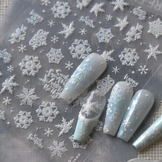 SoftSoul Snowflake Nail Stickers, 5D Embossed, White with Silver Accent, Premium Salon-Quality, Easy Application, Self-Adhesive, DIY Manicure, Nail Art, Press on, Home or Salon Use