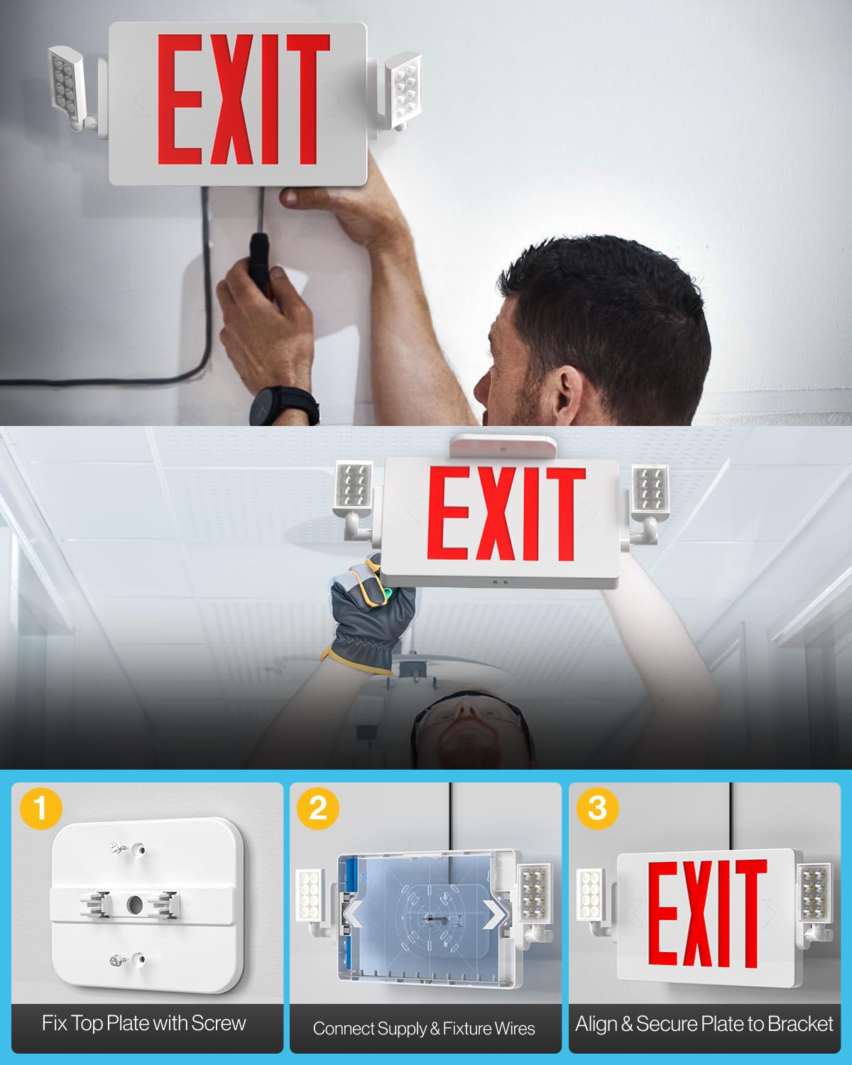 Sunco Exit Signs With Emergency Lights, Two Adjustable LED Lights With Backup Battery, Red, 94V-0 Fire Resistant, 120-277V, Wall Or Ceiling Mount, Commercial Grade UL 2 Pack.