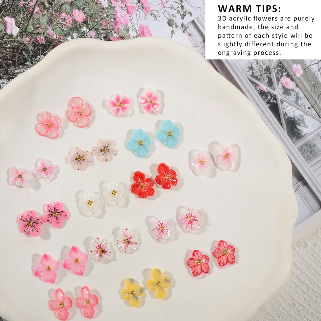 QIMYAR 30PCS/Box Spring Summer Handmade Flower Nail Art Charms Set, 15 Designs Hand Sculpted Acrylic Flowers 3D Cherry Blossom Apricot Nail Art Floral Salon Decoration for Women Girls
