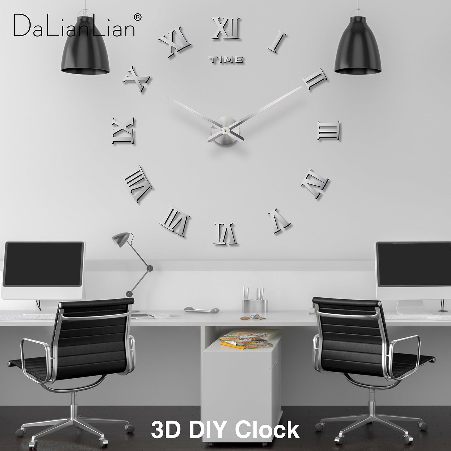 DaLianLian DIY Wall Clock Large Frameless 3D Clock Mirror Effect Classical Roman Numerals Wall Sticker Metal Hands Silent Quartz Movement Decor for Living Room, Bedroom, Office (Silver)