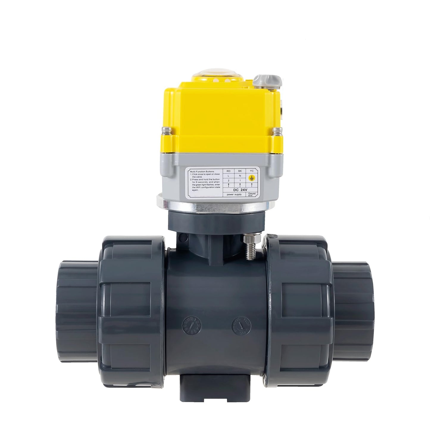 Electric ball valve 3/4 inch full bore 2-way PVC union ball valve, DC24V AC110V-230V power adapter and automatic return setting. Normally closed electric water valve DN20MM