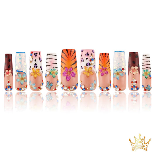 Kismizzle Press On Nails - Nile Fierce | Handmade Acrylic Long Square Nails with Animal Print, 3D Flowers & Rhinestones | Reusable 10PCS Nail Kit, Multicolor (Multicolor, Medium)
