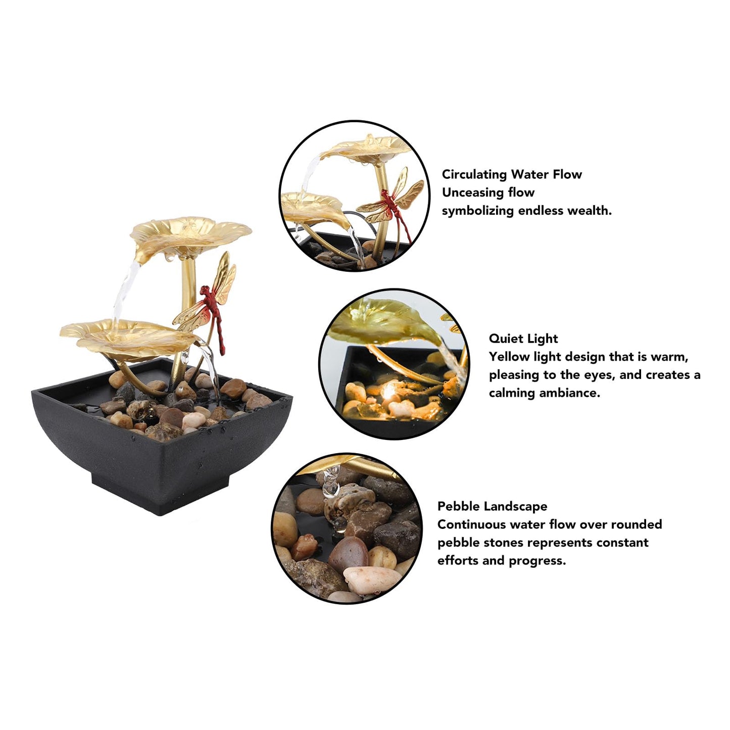 Lotus Leaf Dragonfly Fountain Water Decor, USB Tabletop Water Decor, Iron Circulating Water Feature Crafts Ornaments for Living Room Office