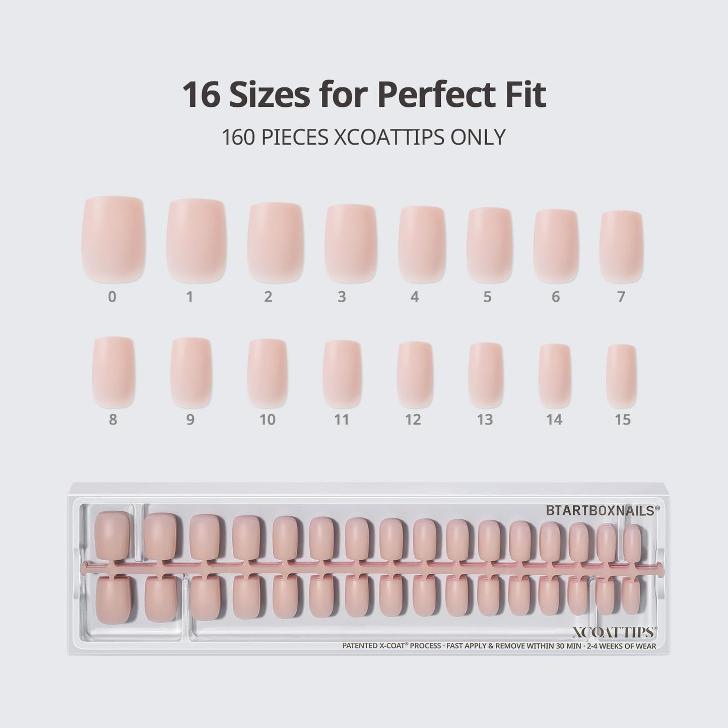 BTArtboxnails XCOATTIPS Bare 5-Shades Nude Press on Nails - 4-Week Wear Short Square Press on Nails, Easy to Apply, Soak Off, Salon Quality Value at Home, 16 Sizes - 160 Fake Nails