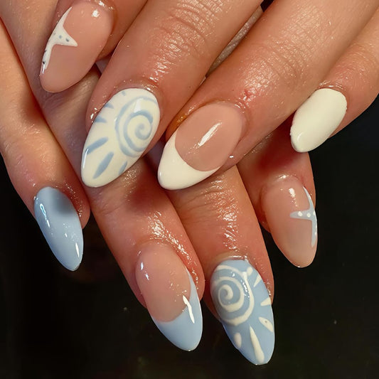 QUNQINLI Medium Almond French Tip Press on Nails Summer Fake Nails Press ons Nail Tips Kit with Sun Starfish Design Blue White False Nails Full Cover Nude Glossy Glue on Nails for Women 24 Pcs