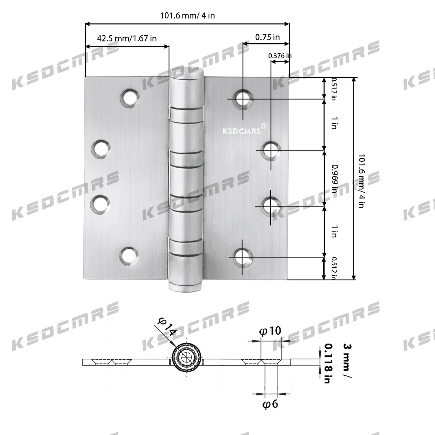 4" Stainless Steel Door Hinges, Heavy Duty 4 x 4 Inch Ball Bearing Non Removable Hinge Pin for Interior and Exterior Ourtswing Door or Gate Security-3 Pack,Silver