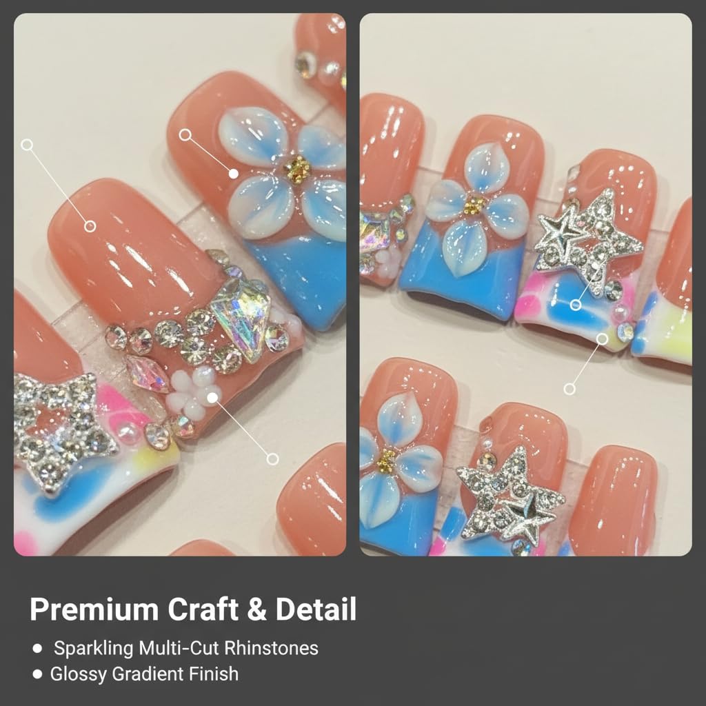 Handmade press on nails Duck Medium Fake Nails Blue French False Nails with 3D Flower Designs luxury Stars Charm Acrylic Nails for Women 10pcs (Size M）