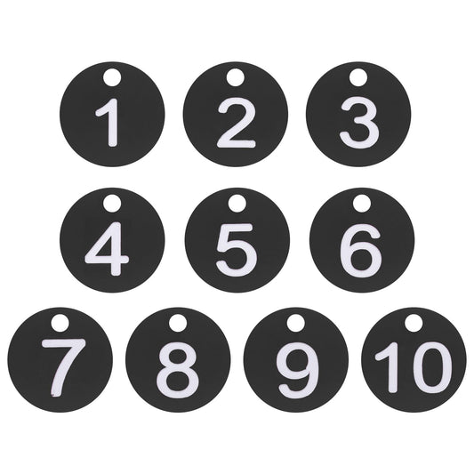 PATIKIL 1-10 Numbers Tags Plastic Round Numbered Marking Identify ID Key Hang Tag for Dormitory Key Chain Box Gym Cabinet Lockers, Black with White Text