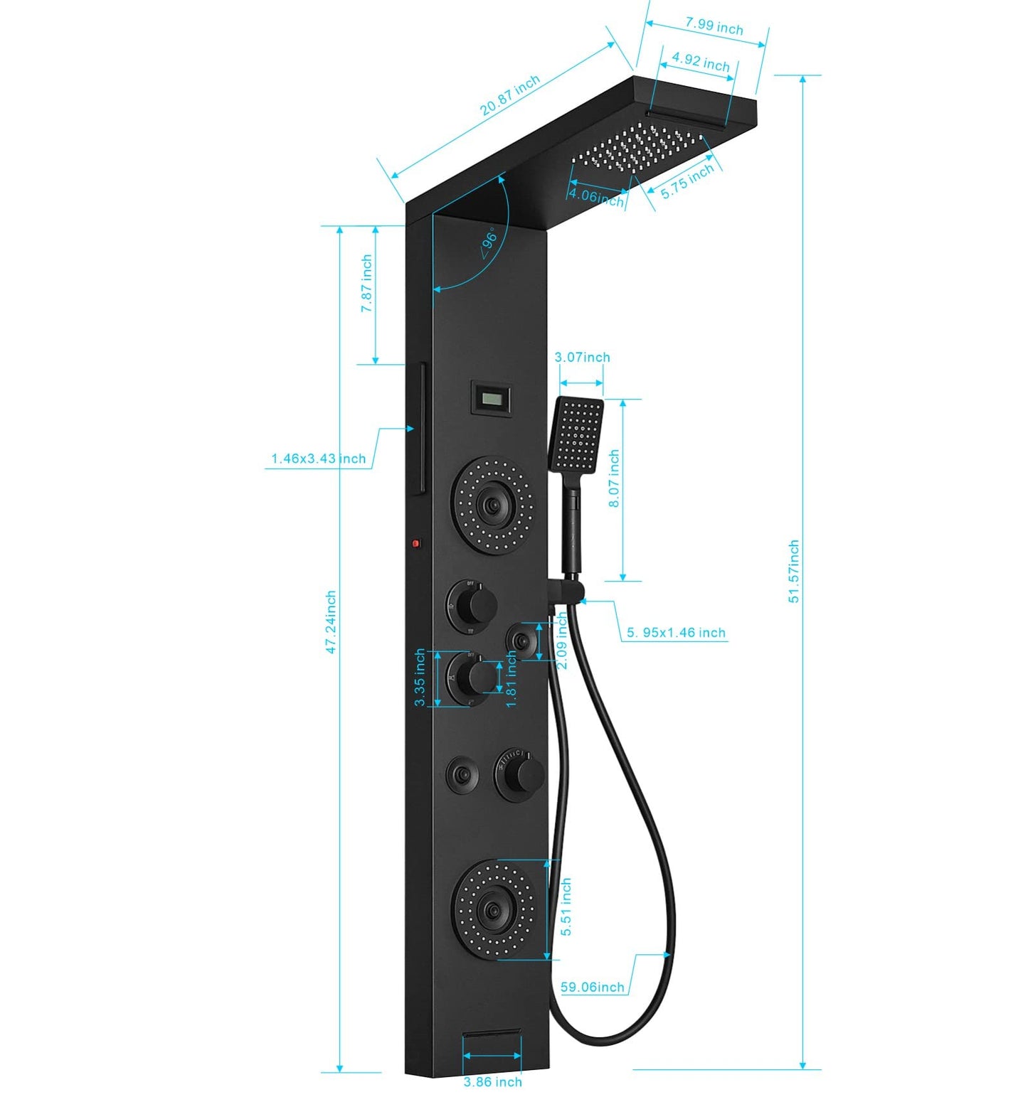BWE Shower Panel with LED Rainfall Waterfall Shower 6-Function Faucet 4 Mist Jets 2 Body Sprays with Handheld and Waterfall Tub Spout Shower Tower System Matte Black
