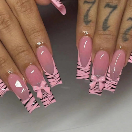 MISUD Press on Nails - Long Square Fake Nails with Zebra French Tip, Acrylic Pink Bow Design 24 pcs