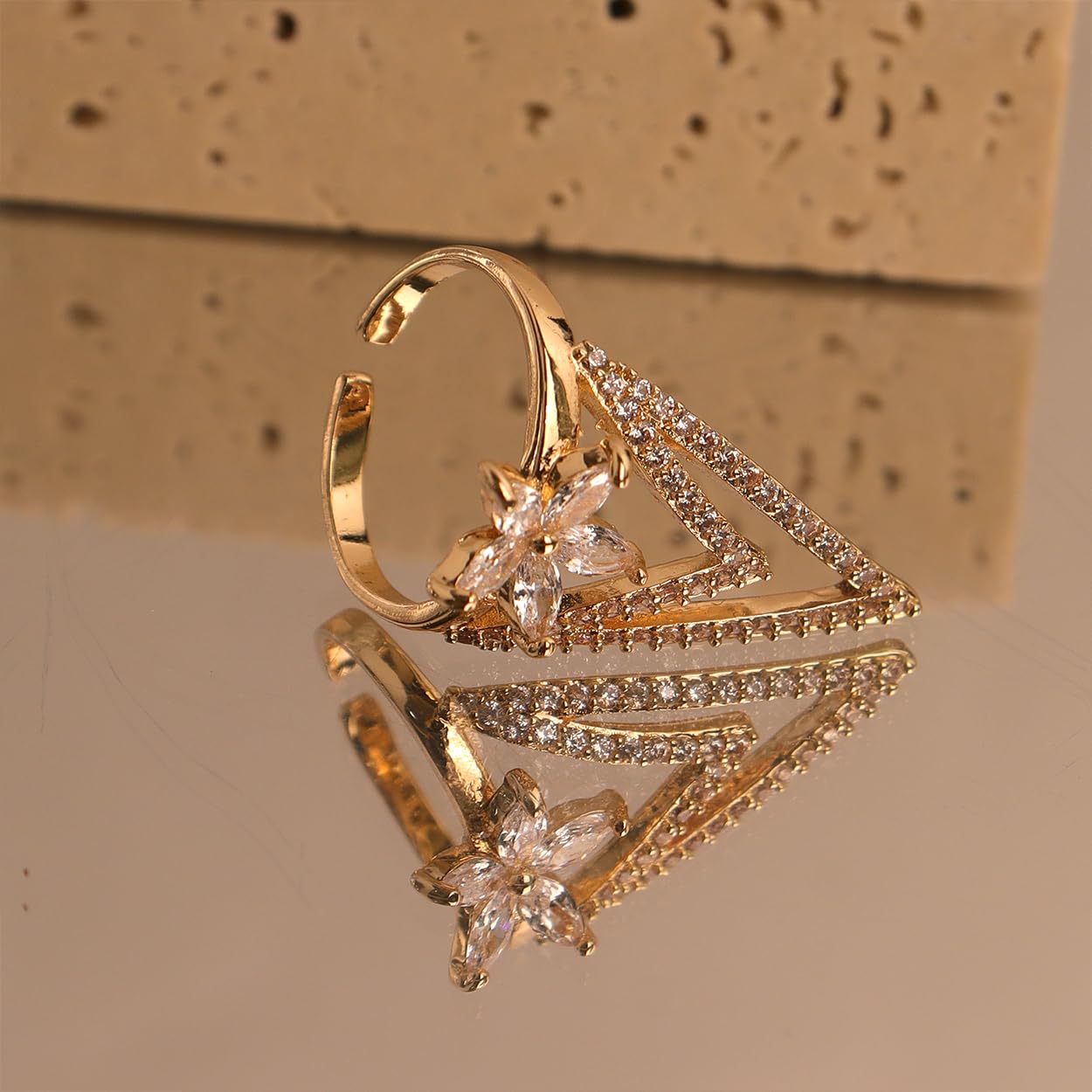 Jean Beau Finger Nail Flower Ring for Women Teen Art Rhinestones CZ Finger Cap Cover Tip Rings Gold Metal Nail Decoration Nail Protect Fashion Jewelry Gift