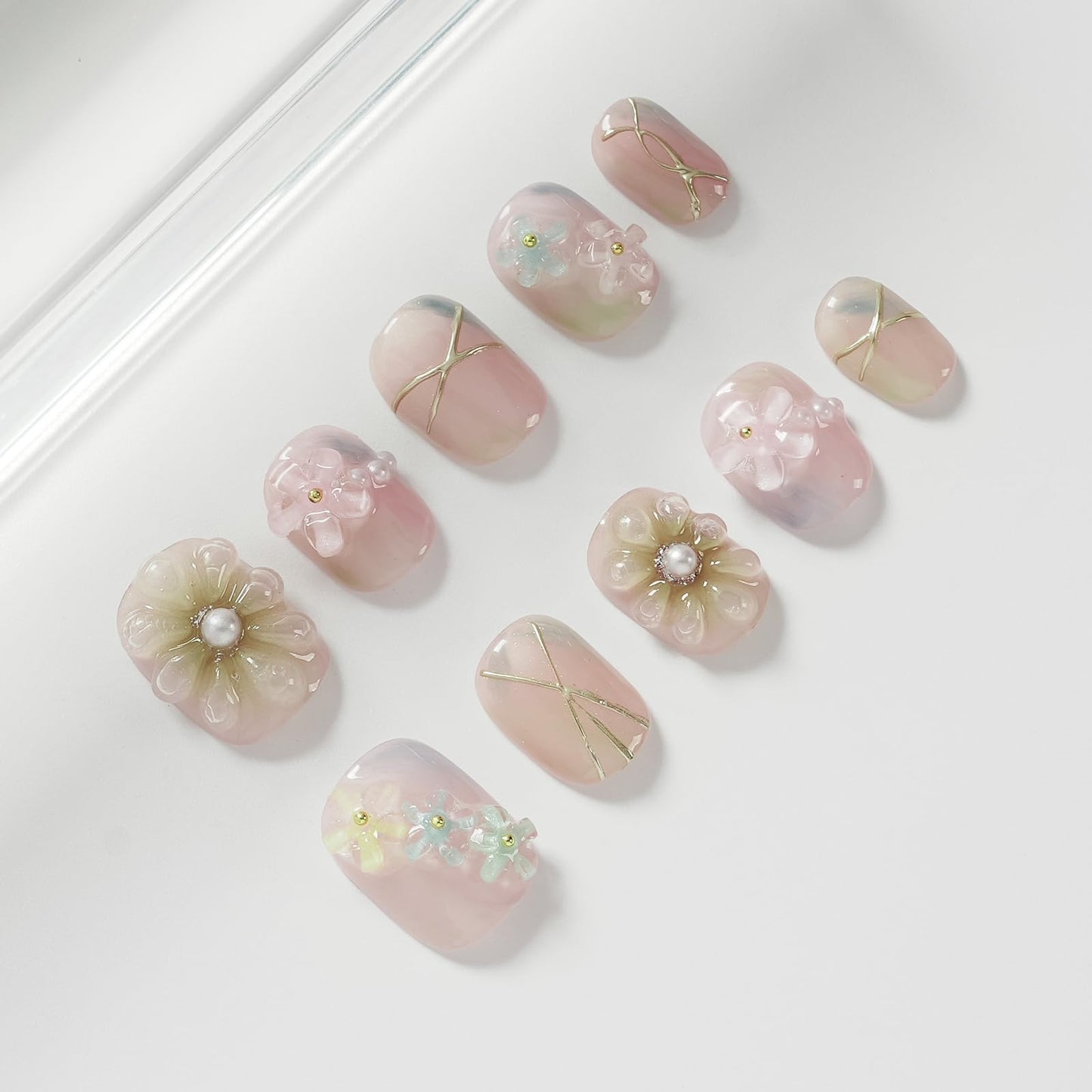 Tesytto 3D Floral Press on Nails Short Round - Handmade Pink Gradient with Pearls, Luxury Soft Gel Reusable Fake Nails (Soft Petal Pearl Glow, L)