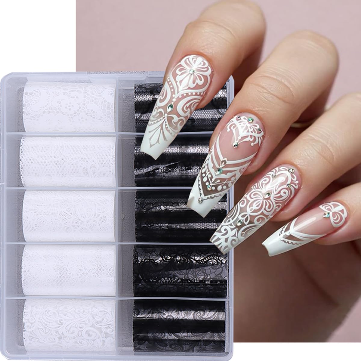 Black White Lace Nail Art Foils Transfer Stickers 10 Rolls Y2K Lace Flower Nail Foil Adhesive Decals Designer Nail Art Supplies Starry Sky Paper Manicure Accessories for Women Acrylic Nails Decoration
