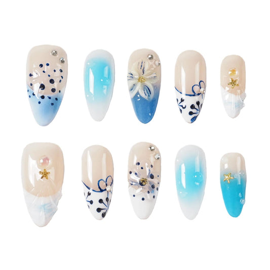Tesytto Handmade 3D Shell Press on Nails - Medium Almond Blue Ombre, Ripple French Tip & Flower Design Summer Mermaid Nails (Big Island-B,S)