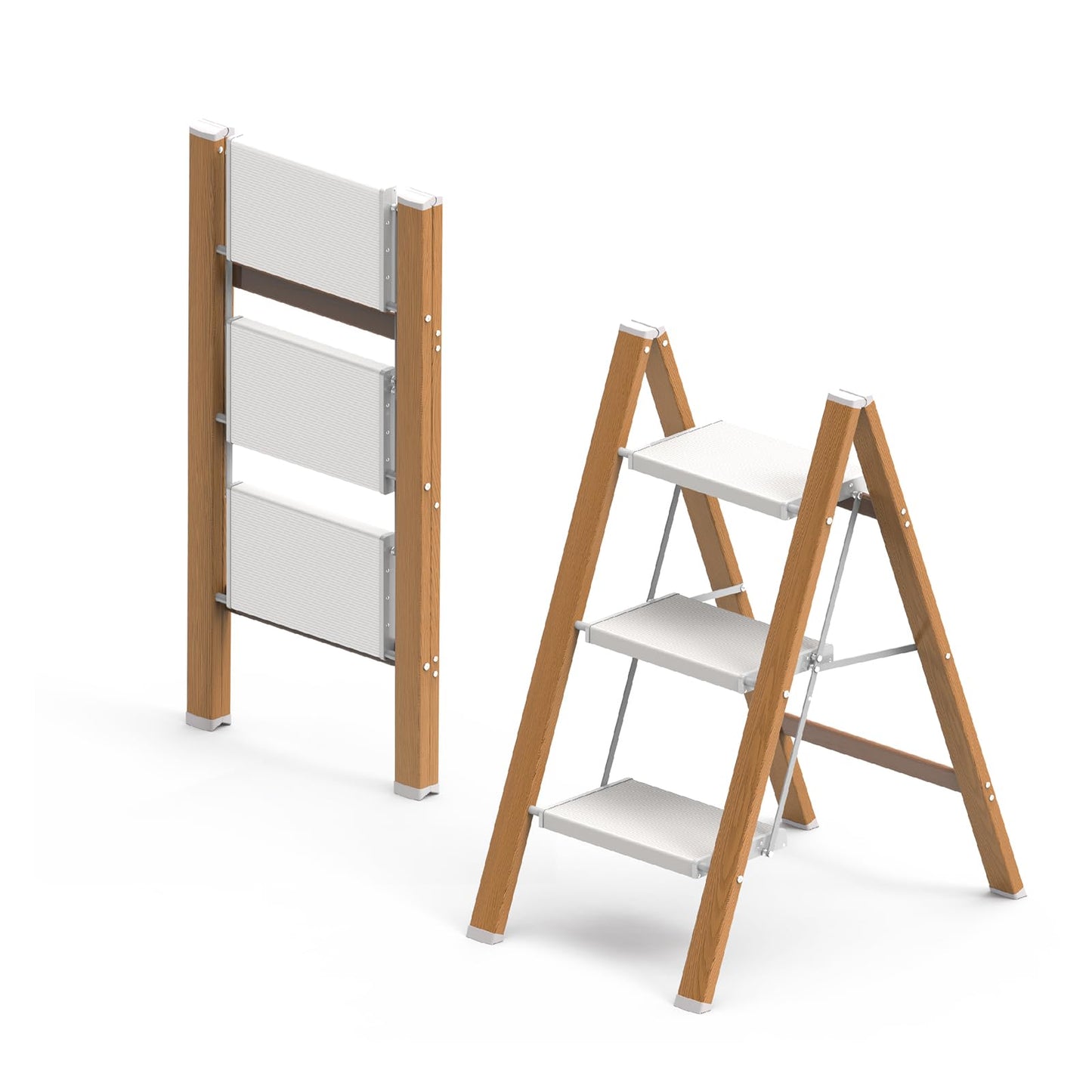 3 Step Ladder, Folding Aluminum Step Stool with Anti-Slip Wide Steps for Adults, Ideal for Kitchen, Closet, Bedroom, 330 lbs Capacity (Woodgrain) (Light Woodgrain, 3 Step)