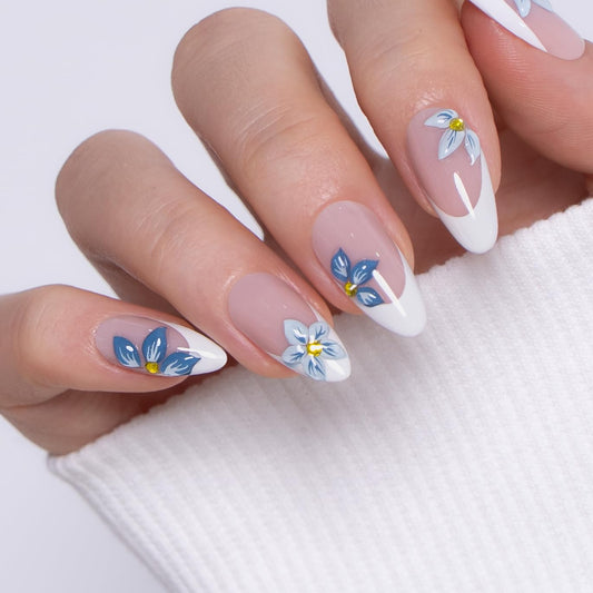 CurvLife Soft Gel Almond Press-On Nails Short,30Pcs Reusable Fake Nail Tips with Adhesive Tabs, Salon-Quality Stick-On Nails for At-Home Manicure (Azure Petals)