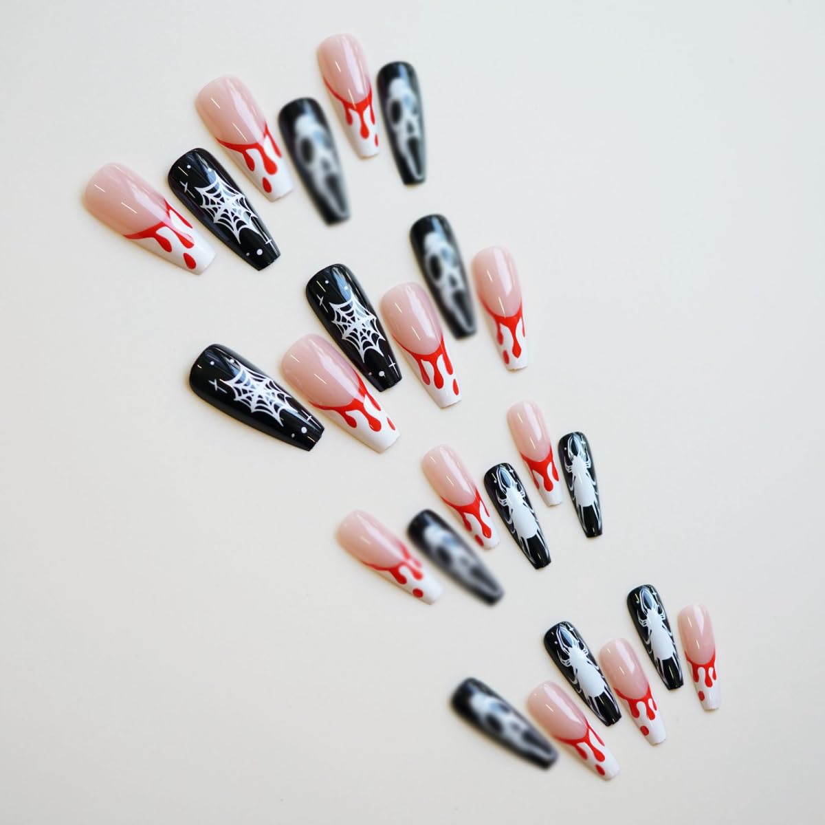 Halloween Press on Nails Long Coffin Fake Nails Horror Ghost Blood False Nails White French Tip Design Stick on Nails Artificial Reusable Full Cover Acrylic Glue on Nail for Women Manicure 24Pcs