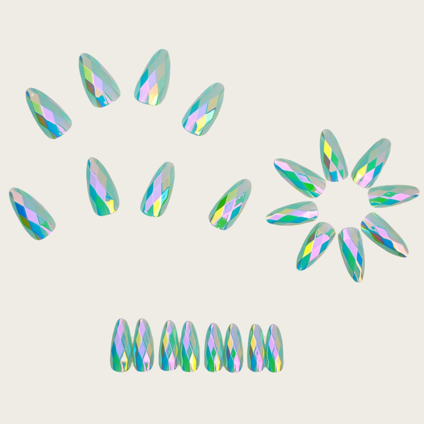 Mint Green Rhombus Electroplated Press on Nails Medium Almond Fake Nails Designs Mirrored Metal False Nails Light Green Full Chrome Grid Cover for Women Girls Daily Wearable Manicure Decoration 24Pcs