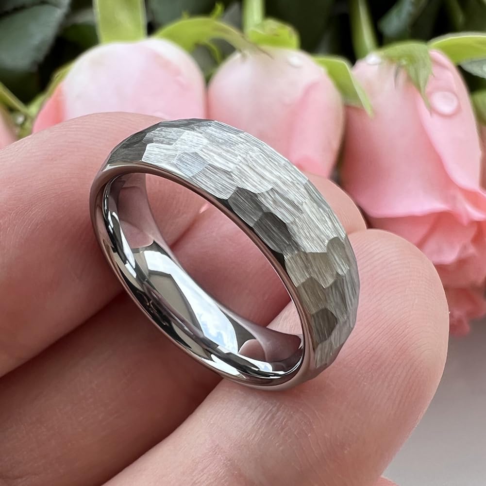 TUTISS 6mm Hammered Tungsten Rings for Men Women Fashion Engagement Wedding Bands Domed Matte Finish Comfort Fit Size 9.5