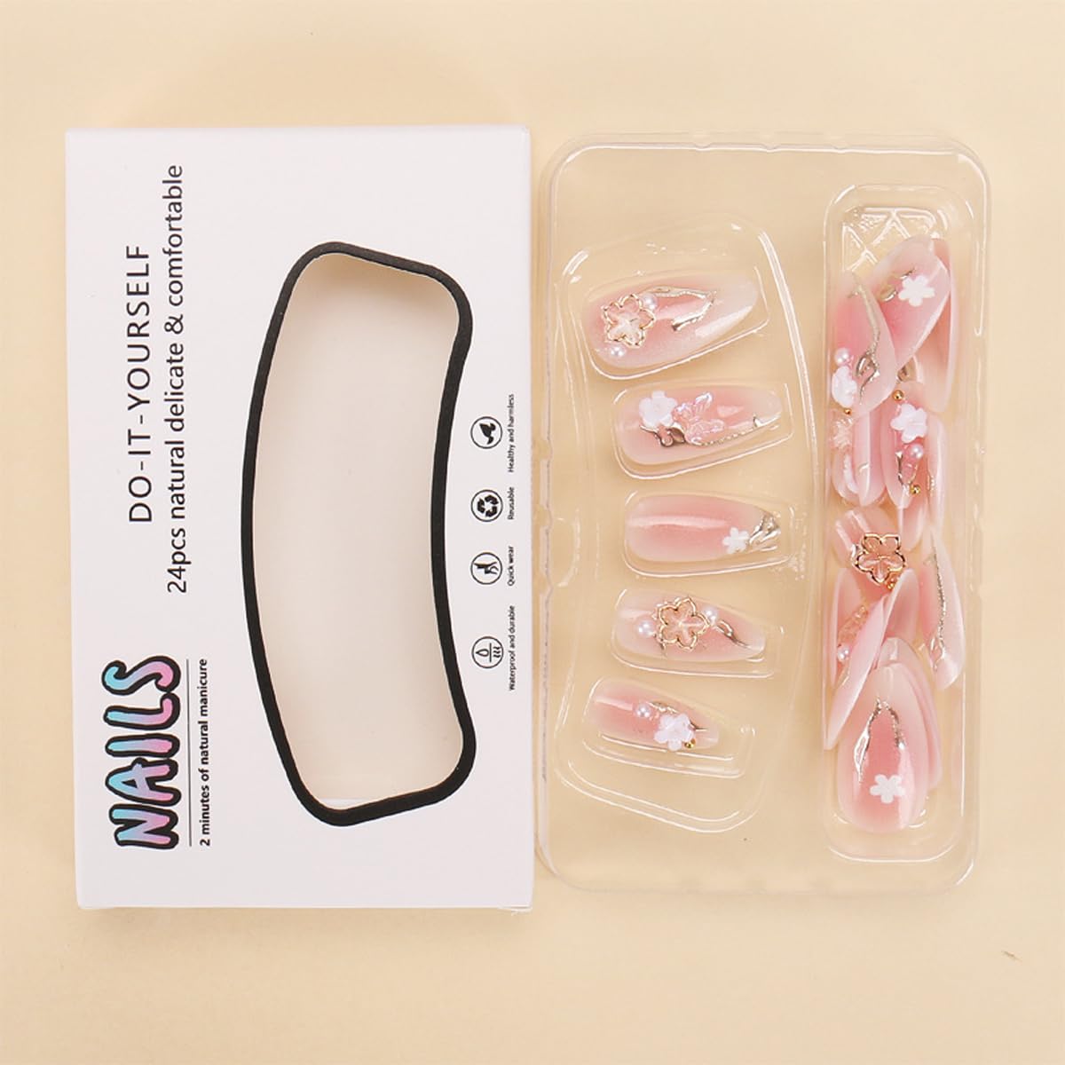 Gold Flower Press on Nails - Medium Almond Fake Nails Press ons with Blush Gradient Designs, 3D Gold Flower Nails Glossy Acrylic Nails Full Cover Glue on Nails for Women Manicure 24Pcs