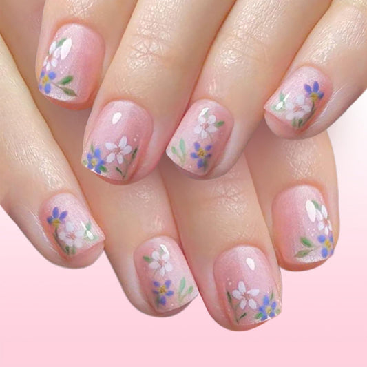 24 Pcs Glossy White Polka Dots Glue on Artificial Fingernails Green Leaf Press on Nails Flower Acrylic False Nail Wild Flower Stick on Nail HZJXRT Short Square Fake Nails for Coquette Women Gift