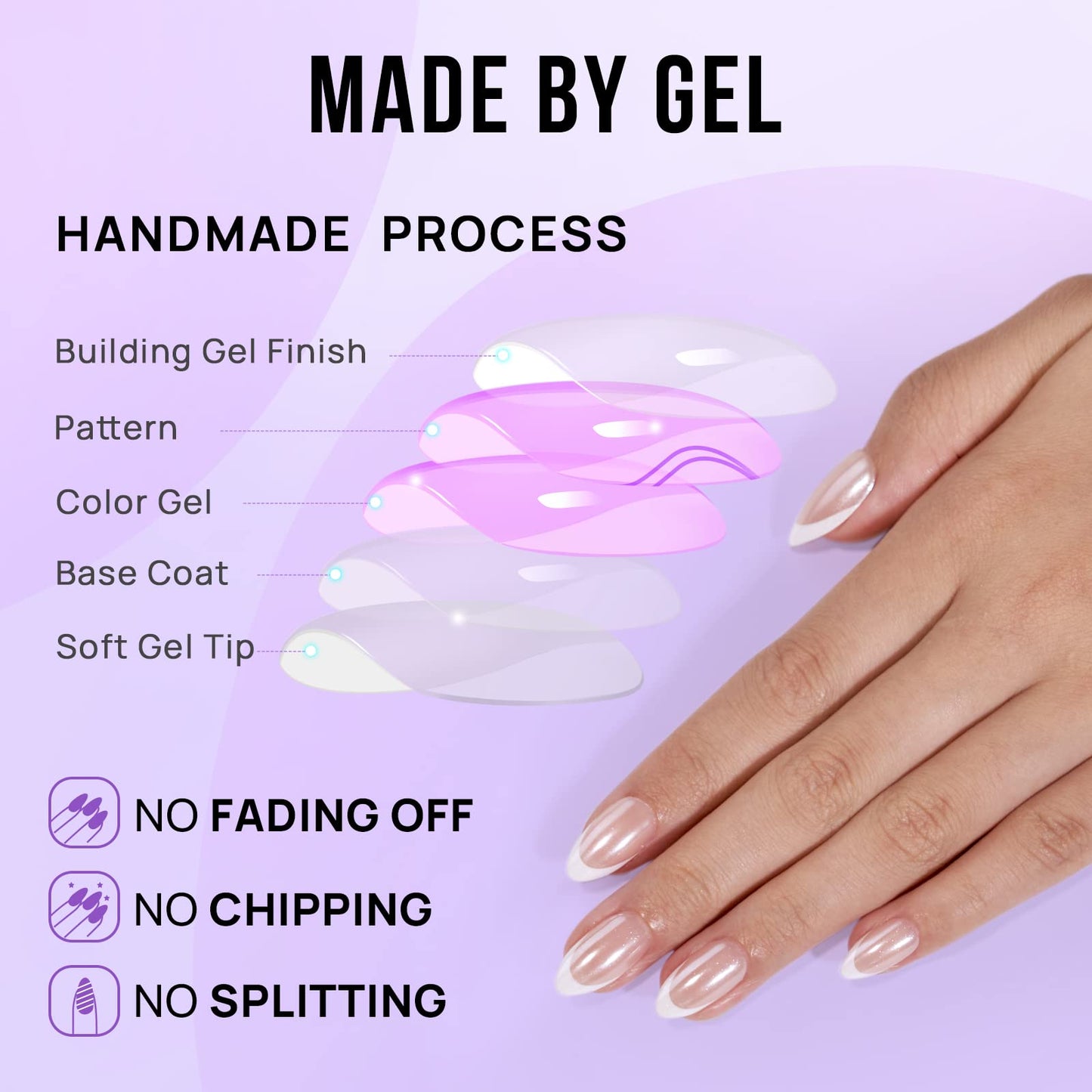 French Tip Press On Nails - BTArtbox White Almond Medium Reusable Stick On Nails in 15 Sizes - 30 Soft Gel Fake Nail Kit for Women Gift, Classic
