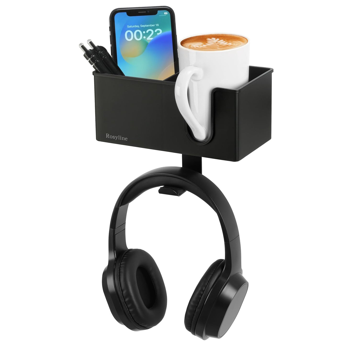 Rosyline 3-in-1 Desk Cup Holder & Clip-on Cup Holder, Clip on Desk Organizer – with Anti-Spill Function, Keeps Your Coffee, Headset, Phone & Pens Within Easy Reach, for Office Desk (Black)