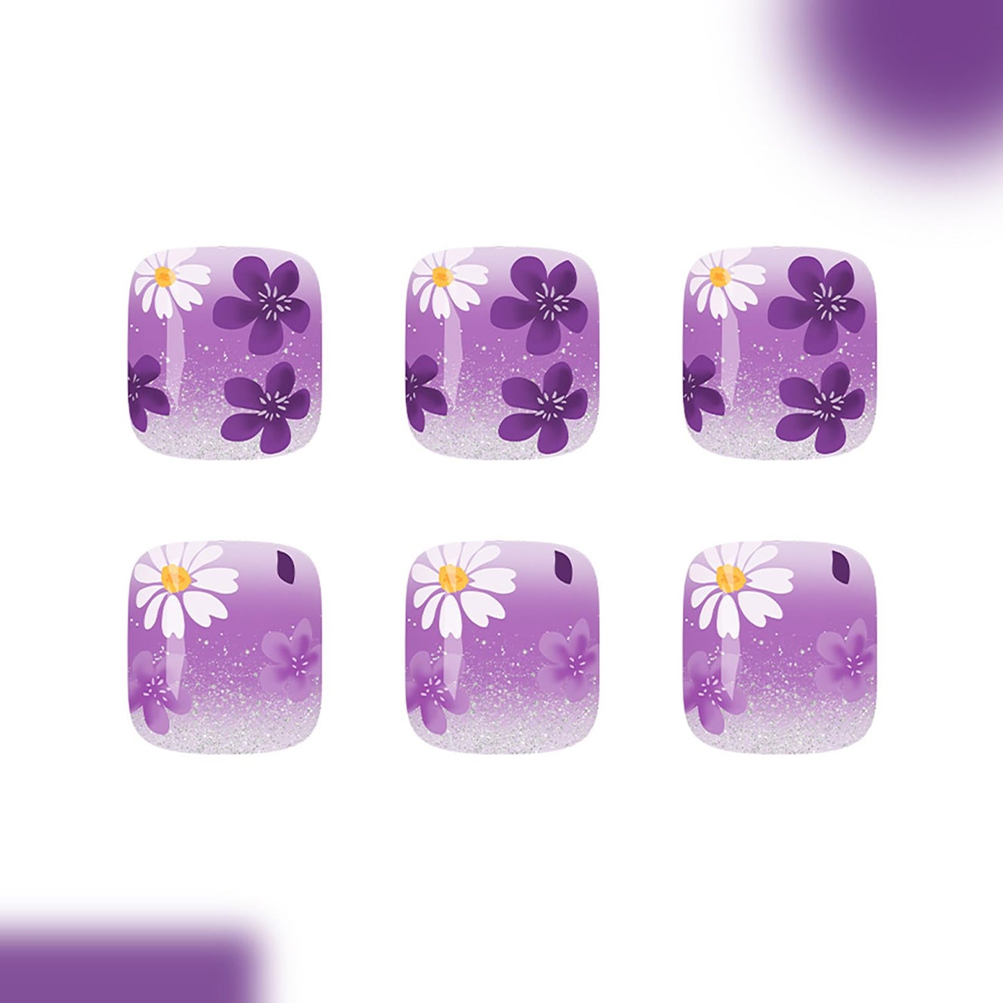 Purple French Press on Toenails,Short Square Fake Toenails with Flower Acrylic Designs,Gradient Glitter Toenails Full Cover Reusable Glossy Stick on Toes Nails for Women Girls 24Pcs