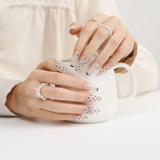 French Polka Dot Press On Nails - Handmade 3D Bow With Rhinestones Black French Tip Nails, Medium Ballerina, For Women And Teens, Ideal For Parties, Birthdays, And Casual Wear, 12 Sizes 24 Nail Kit