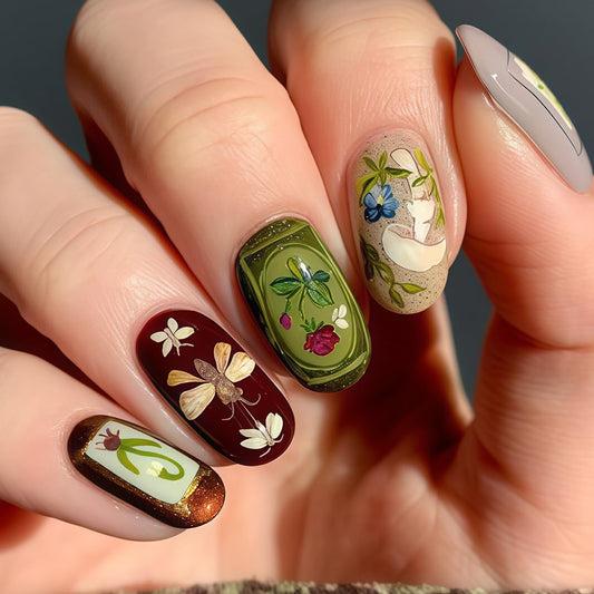 Short Oval Press on Nails - Dragonfly, Flower & Botanical Oil Painting Design, Full Cover Glossy Fake Nails 24PCS for Women Manicure