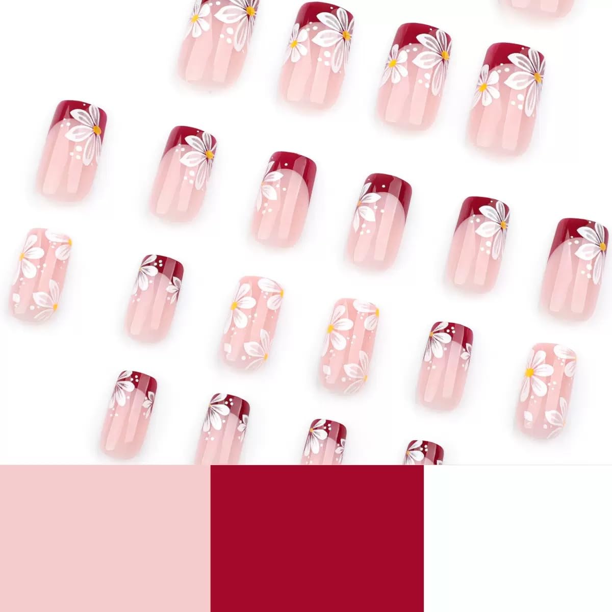 CTTHNBD Press on Nails Square - Short Fake Nails with Flower Design - Red French Tip, Spring False Nails Stick on - for Women 24 Pcs