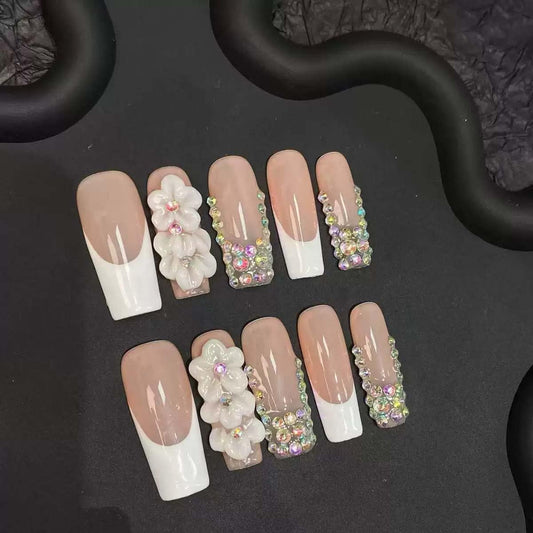 10Pcs Press On Nails Handmade Nails Long Square Fake Nails 3D Flower With Rhinestone Design French Tip False Nails Full Cover Acrylic Nail Reusable Stick On Nail For Women(SIZE:Large)