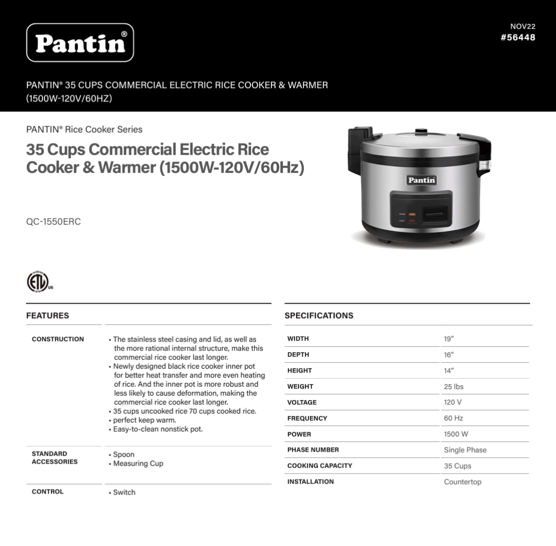 Pantin Commercial Rice Cooker & Warmer - 35 Cups Uncooked / 70 Cups Cooked, Extra Large Capacity Rice Cooker with Nonstick Inner Pot & Switch Press, 120V/1500W, ETL Listed
