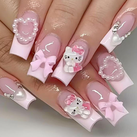 24pcs Cartoon Press on Nails Medium Square Fake Nails Heart-Shaped Bow Nails, French Tip Press on 3D Bows Heart False Nails Tips Cute Stick on Nails Full Cover Artificial Acrylic Nails for Women Decor