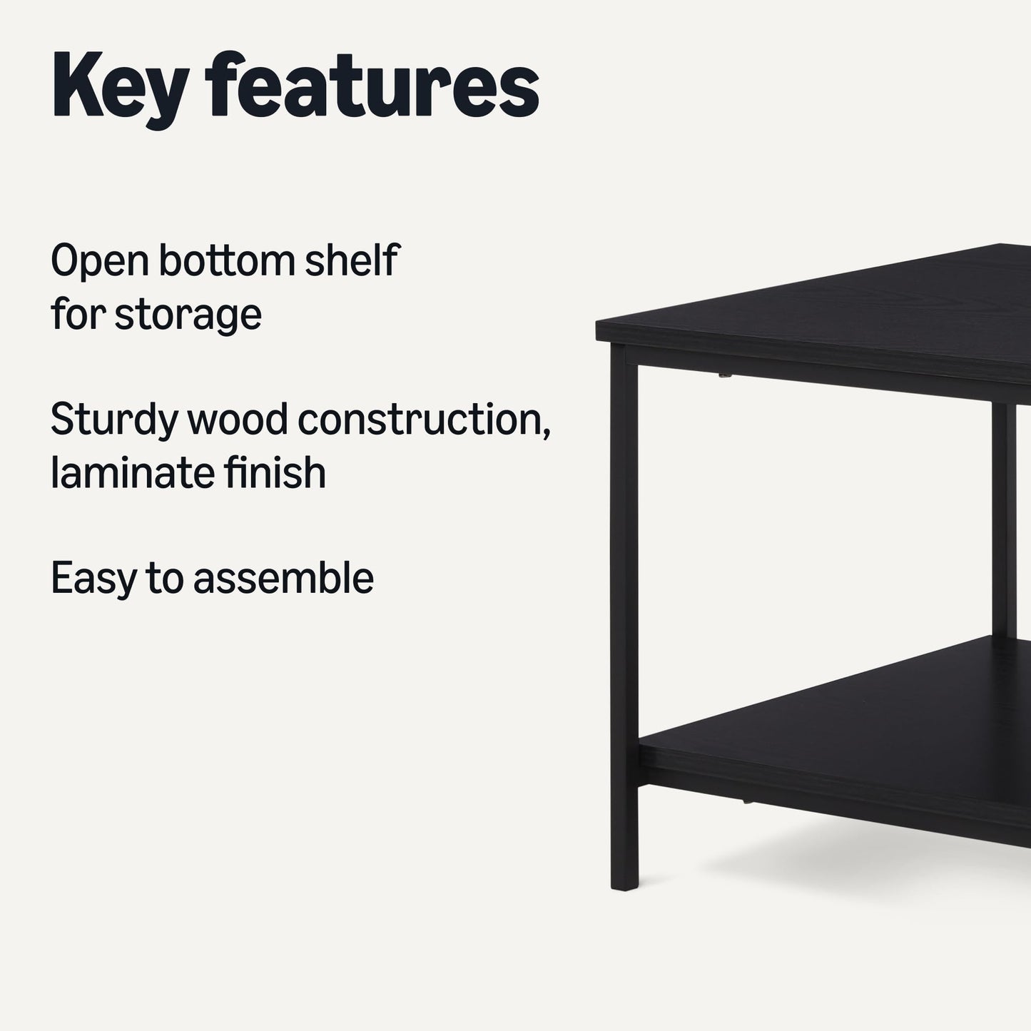 Amazon Basics Rectangular Coffee Table with Bottom Shelf, Living Room Centre Table, Easy to Assemble, 19.9" D x 31.5" W x 16.5" H, Black Woodgrain