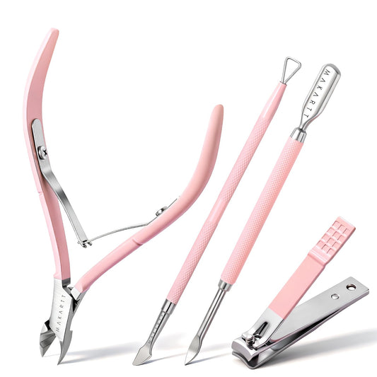 Makartt Cuticle Trimmer Set with Professional Cuticle Nipper, 2 Cuticle Pushers & Nail Clipper, Stainless Steel Pink Manicure Tools Kit for Women, Sharp, Ergonomic & Portable