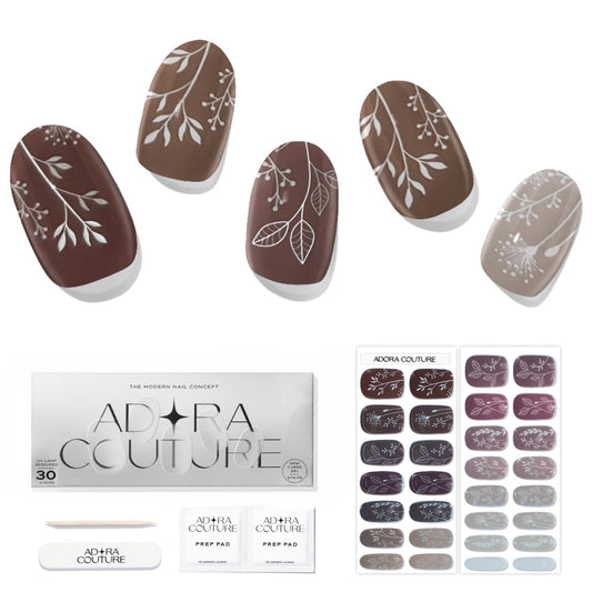 Adora Couture Semi Cured Gel Nail Strips with 30 Pieces - Salon Quality Manicure Kit for Women Easy Application Wraps Includes Prep Pads Nail File Wooden Stick, UV Light Required (Brown Boho)