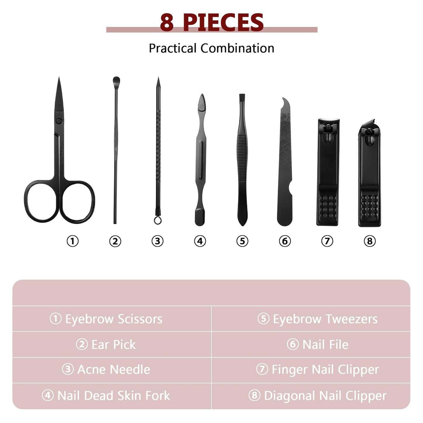 Lasnten 24 Set Valentine Manicure Set Bulk Nail Clippers Grooming Nail Kit Stainless Steel Professional Pedicure Tools Kit with Travel Case for Men Women Valentine's Day Gift(8 in 1,Red Black)