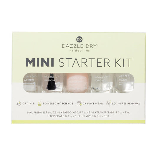 Dazzle Dry Complete Starter Mini Kit | Step 1 - Nail Prep, Step 2 - Base Coat, Step 4 - Top Coat, Transform - Ridge Filler & Revive - Polish & Top Coat Thinner.