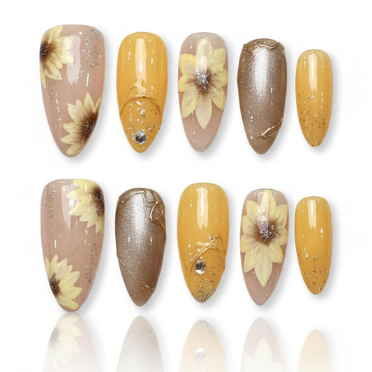 Handmade Press On Nails Cat's Eye Effect Sunflower Butterfly Reusable Stick On Fake Nails Luxury Elegant Sexy Style For Women Gift With Nail Glue S