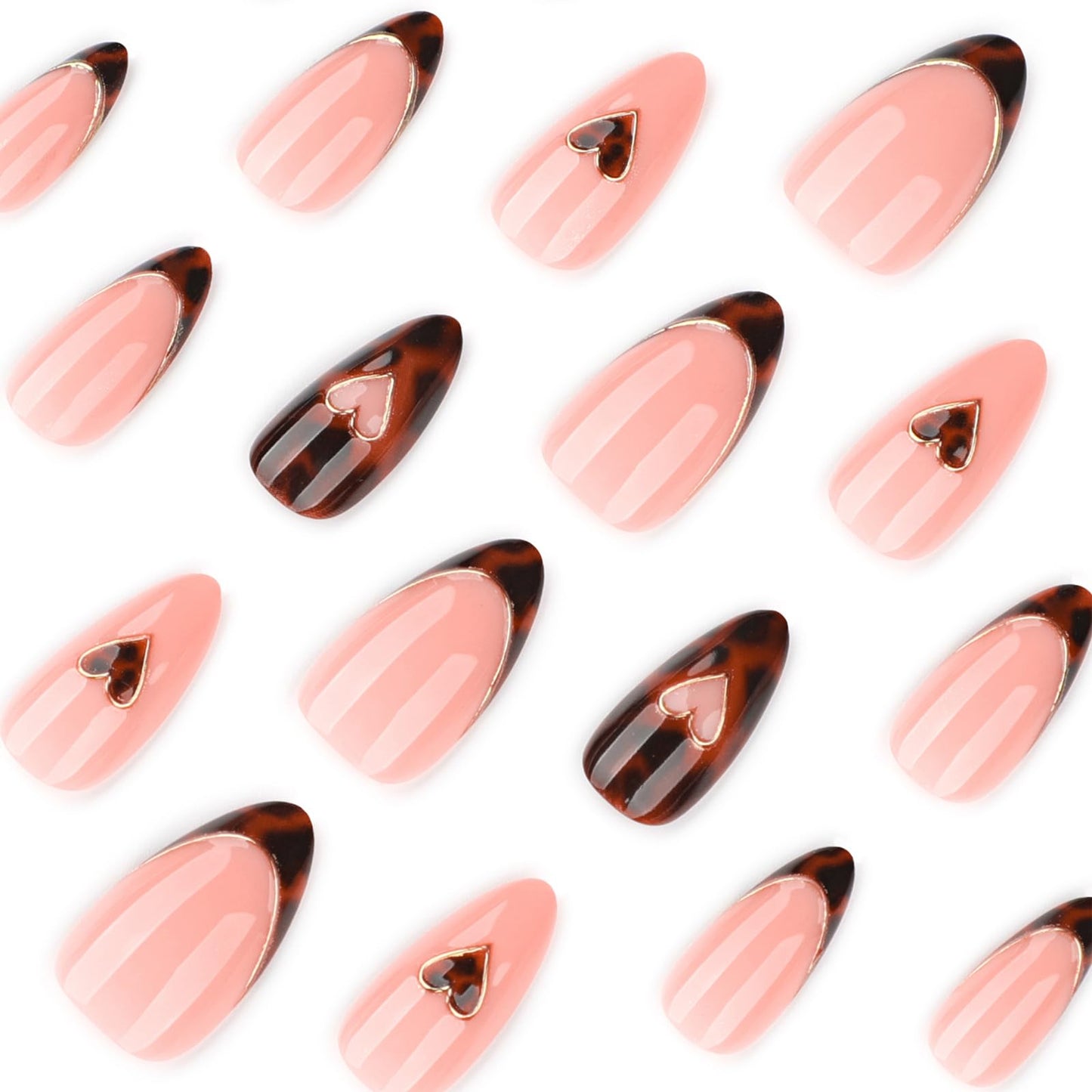 Medium Press On Nails Almond, Nude Pink French Tip Leopard Design with Gold Heart Detail, Glossy Acrylic Fake Nails, Reusable Stick On Nail Set 24pcs for Women, Chic Elegant Manicure