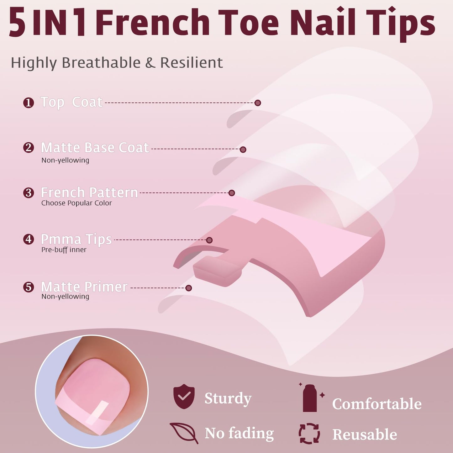 Bellelfin French Press On Toenails For Women with Nail Adhesive Tabs, 150 Pcs Pink French Tip Toe Nail Press Ons, Short Square Toenail Press On, 15 Sizes Full Cover Acrylic Fake Toe Nails