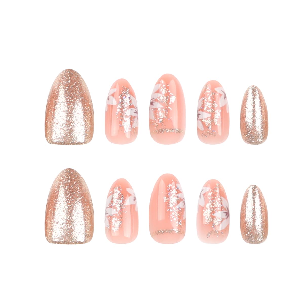 24Pcs Press on Nails Short Almond Shape Fake Nails with Flower Designs Glitter Gold Press ons Full Cover False Nails Glue on Nails Acrylic Nail Kit for Women Manicure Art Decorations