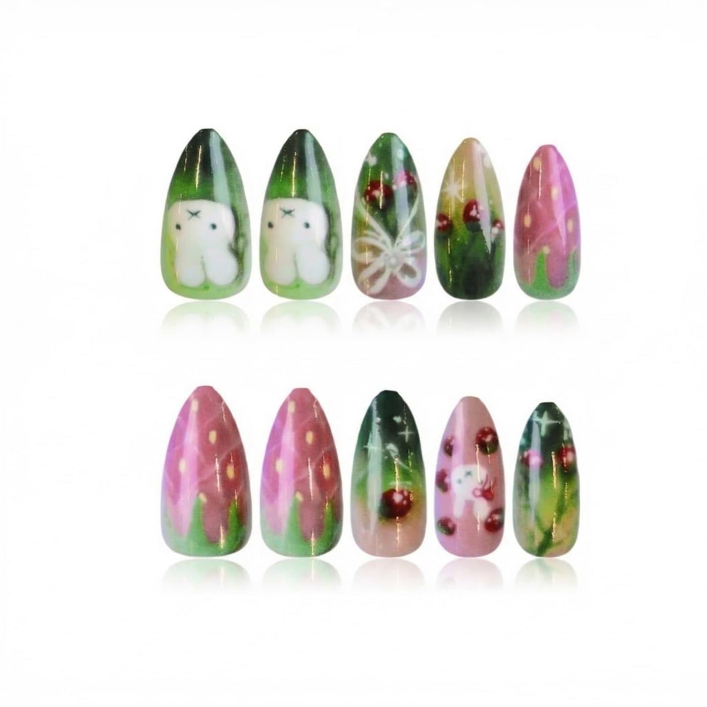 IMSOHOT Medium Almond Press on Nails, Kawaii Bunny & Strawberry Design, 24 Pcs Glossy Fake Nails with Glue for Women Girls