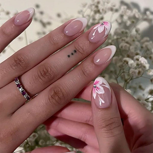 Flower Press on Nails Medium Almond Fake Nails Cute Spring Summer Nails Press ons with Design French Reusable Artificial Nail Full Cover Stick on Nails for Women Manicure 24Pcs