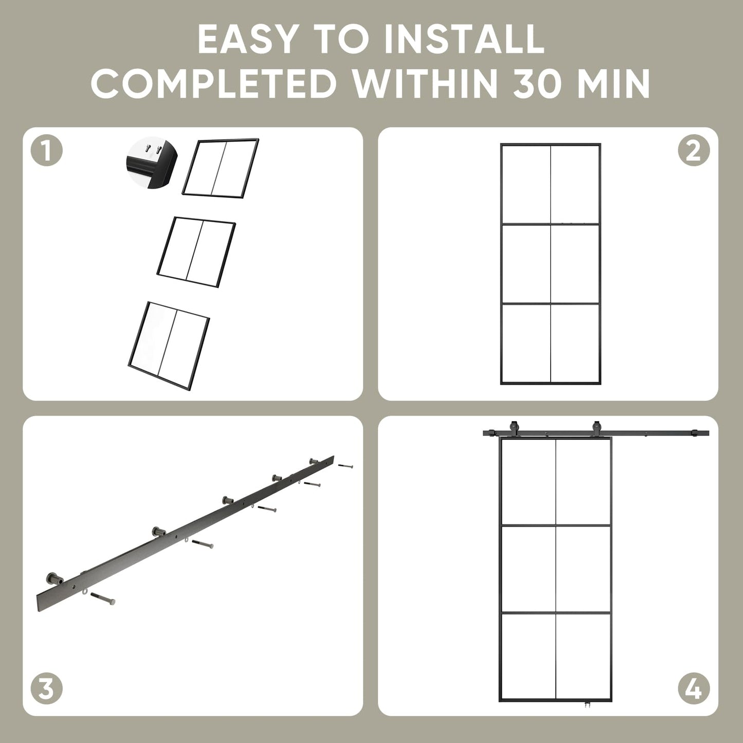 JUBEST 38in x 96in Glass Sliding Barn Door with 6.6ft Hardware kit, 3-Panel Black Aluminum Frame and Clear Tempered Glass Modern French Door, Easy to Install