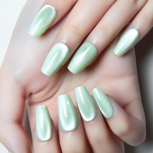evpct Light Green Cat Eye Coffin Press on Nails Square Medium, Medium Square Stick on Nail for Women, Pale Green Metallic Glitter Glossy Reusable Summer Soft Gel Press on Acrylic Fake Nail with Design