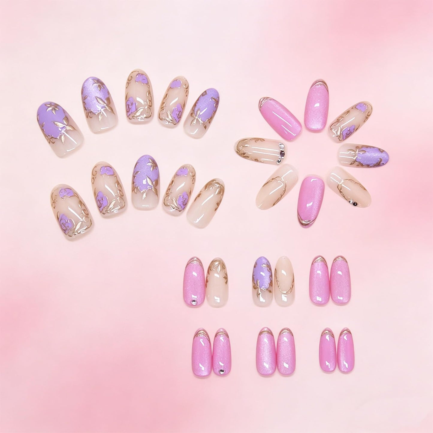 3D Gold Leaf Press on Nails Glossy Purple Rose Flower Medium Almond Fake Nail Floral False Nails with Summer Design Sparkly Stick on Nail Rhinestone Glue on Artificial Fingernails for Women Wear