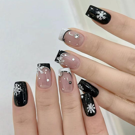 Short Press on Nails Christmas Nails Press ons French Tip Fake Nails with Rhinestone and Snowflake Designs Full Cover Gradient Stick on Nails Reusable Nail Black Glue on Nails Holiday Manicure 24Pcs