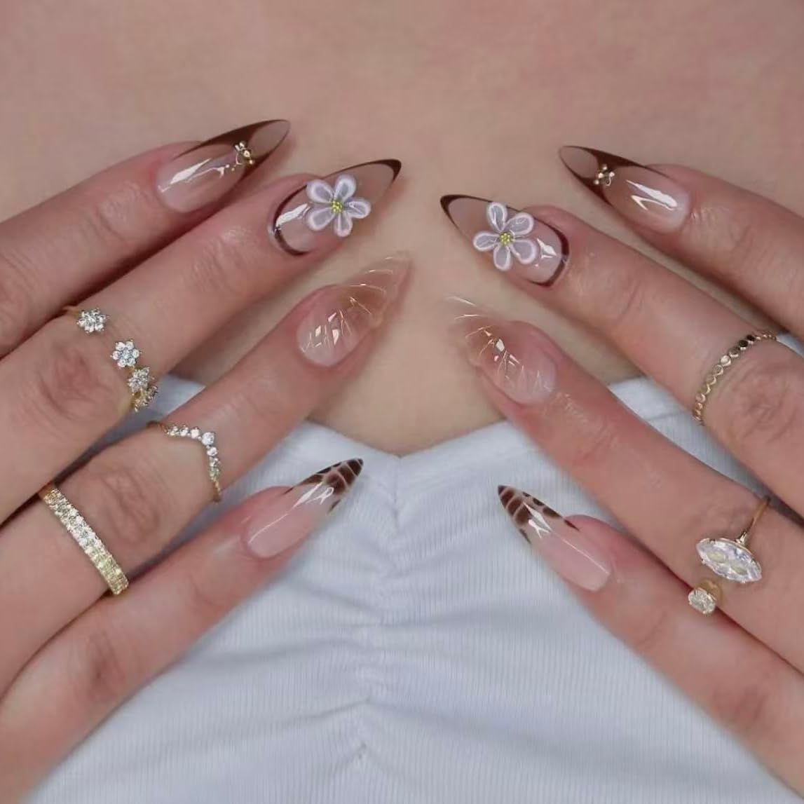 Handmade French Tip Press on Nail Almond Fake ons with Designs Chrome False Nails Long Glossy Full Cover Glue on Nails Stick Women Nails Manicure Decoration 10Pcs (MT-183-S)